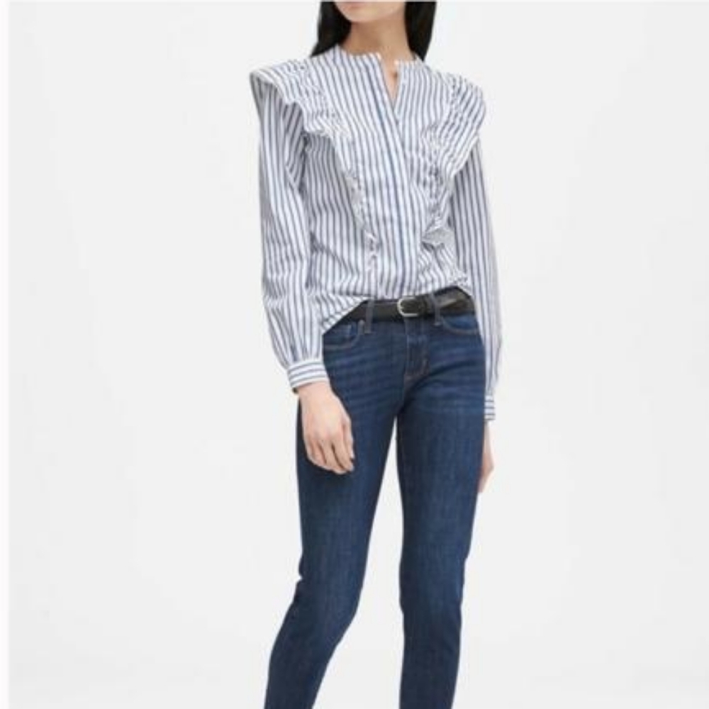 Striped Button Down Ruffle Blouse - image 1